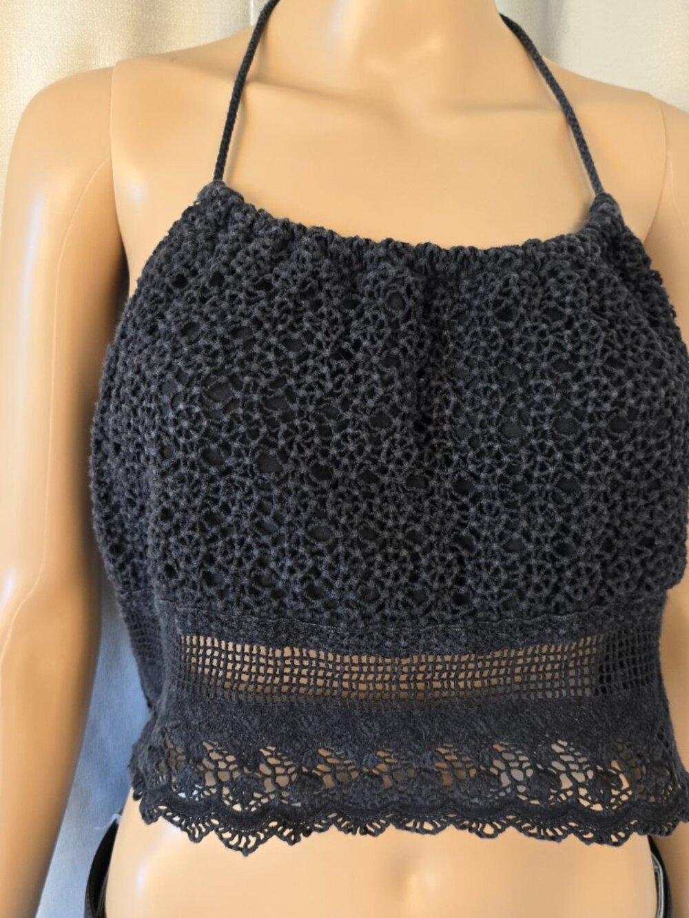 100% Cotton Earthbound Lace Black Halter Crop Top with Tassels Size Large